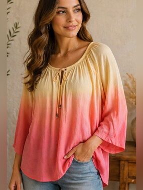 BCX Yellow to Coral Ombre Tie-Neck Peasant Blouse